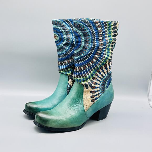 L'Artiste Spring Step Boots Womens 7.5 Blue Leather Peru Western Mid Calf Boho - Picture 3 of 11